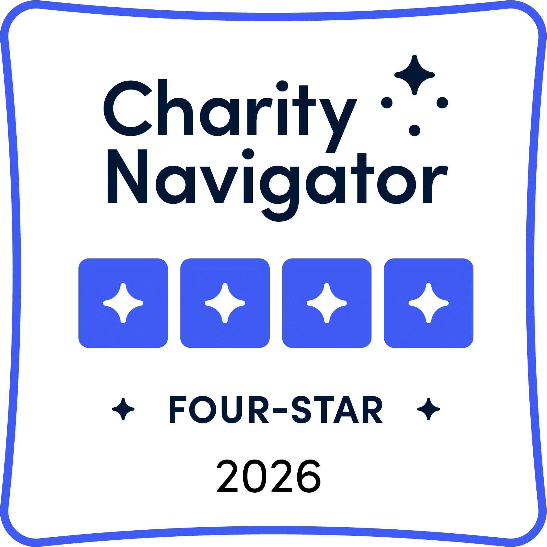 Charity Navigator Four-Star 2026 badge with four blue stars in squares, charity name at top, and rounded blue border.