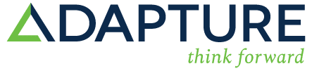 ADAPTURE logo with a green triangle as the A and the words think forward in green italics below and to the right of the main text.