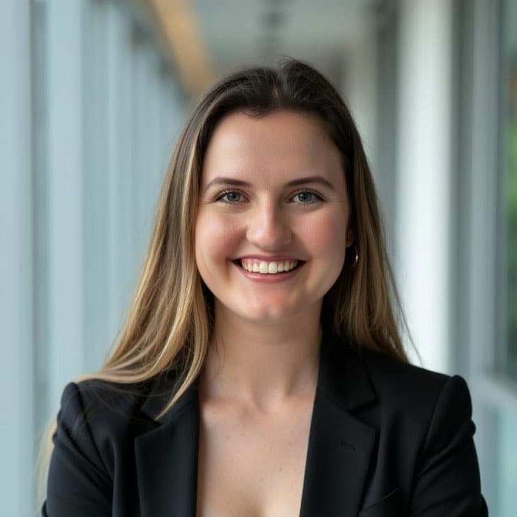 A woman with long brown hair, wearing a black blazer, smiles while standing in a bright corridor with large windows.