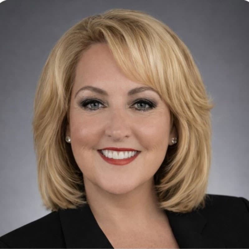 Smiling woman with blonde shoulder-length hair, wearing a black blazer, pearl earrings, and red lipstick, in front of a gray background.