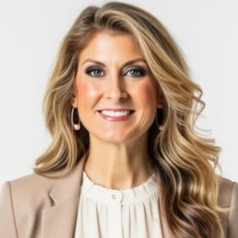 Smiling woman with long wavy blonde hair wearing a beige blazer and a white blouse, standing against a plain light background.