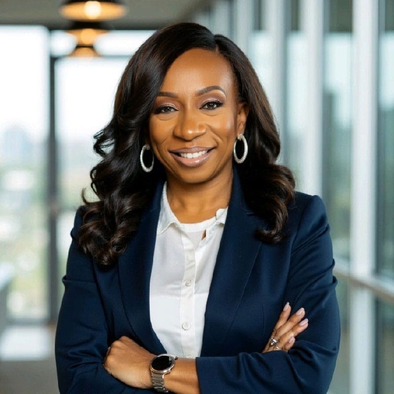 Woman in a navy blazer and white blouse stands with arms crossed, smiling confidently in a modern office hallway with large windows.