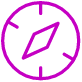 A simple purple outline of a compass with a diamond-shaped needle, displayed on a light background.