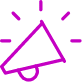 A simple purple line drawing of a megaphone with three lines above it, indicating sound or announcement, on a light background.