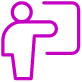 Purple icon of a person standing and pointing at a rectangular board, suggesting teaching, presenting, or giving a lecture.