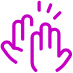 Purple outline of two hands clapping, with three motion lines above, symbolizing applause or congratulations.