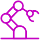Purple line drawing of a robotic arm with a claw-like gripper, positioned over a flat surface, on a light background.
