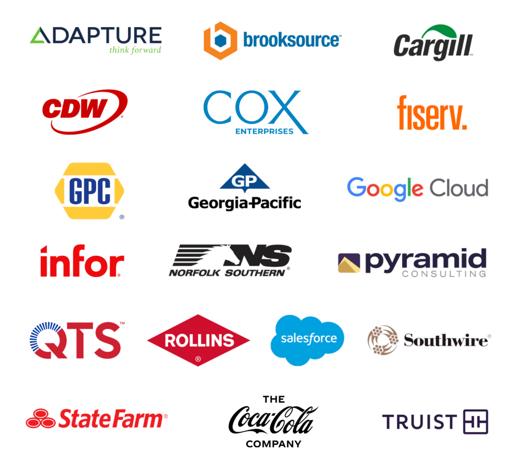 A grid of 20 company logos, including Cox, Google Cloud, Salesforce, State Farm, Cargill, Norfolk Southern, Coca-Cola, and others, all in various styles on a white background.