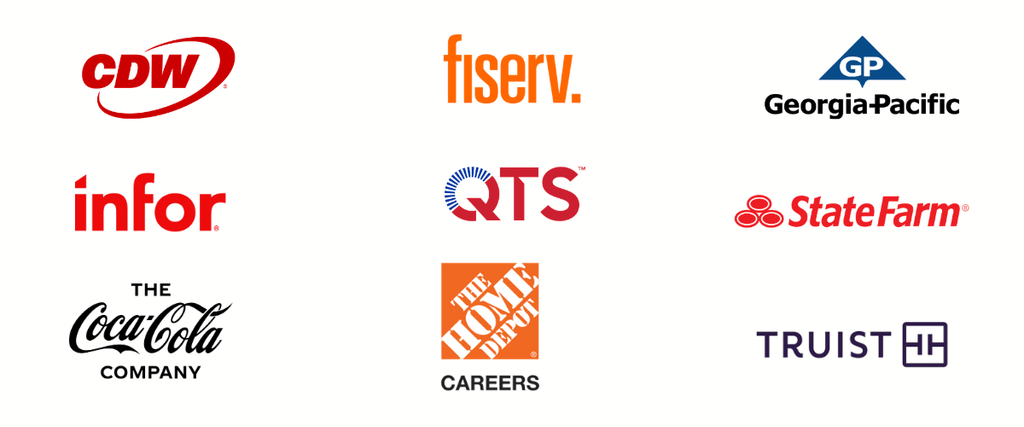 A grid of nine company logos, including CDW, Fiserv, Georgia-Pacific, Infor, QTS, State Farm, The Coca-Cola Company, The Home Depot Careers, and Truist.