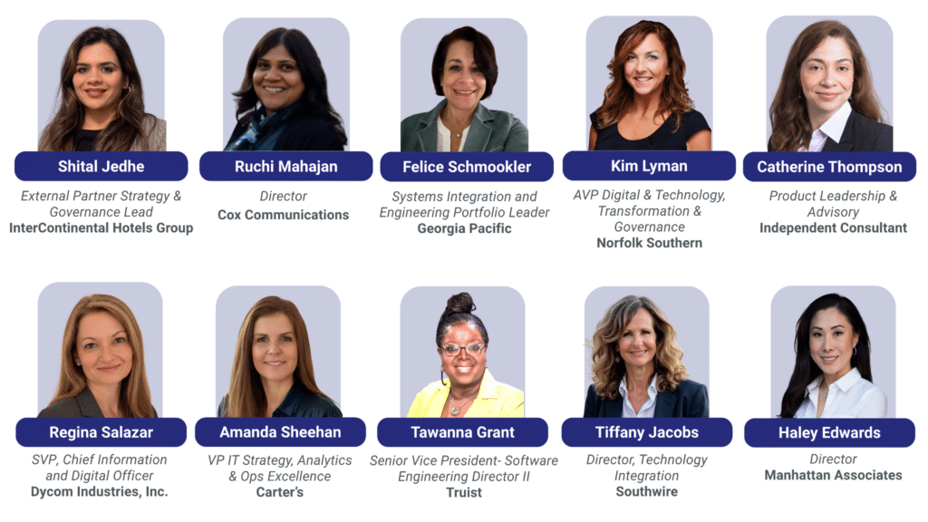 Ten women leaders are shown in headshot photos, each with their name, title, and company below. They represent various industries, including hospitality, tech, engineering, retail, and consulting.