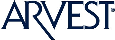The image shows the ARVEST logo in dark blue, with stylized letters on a light gray background.