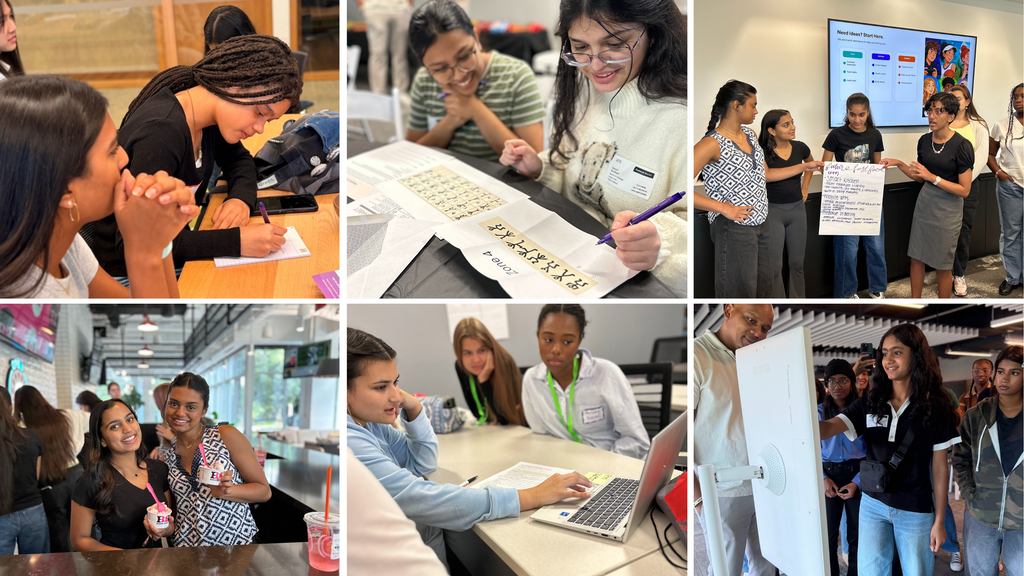 A collage of six photos showing diverse young women collaborating, presenting, brainstorming, working on computers, and socializing in a modern, energetic classroom and event setting.