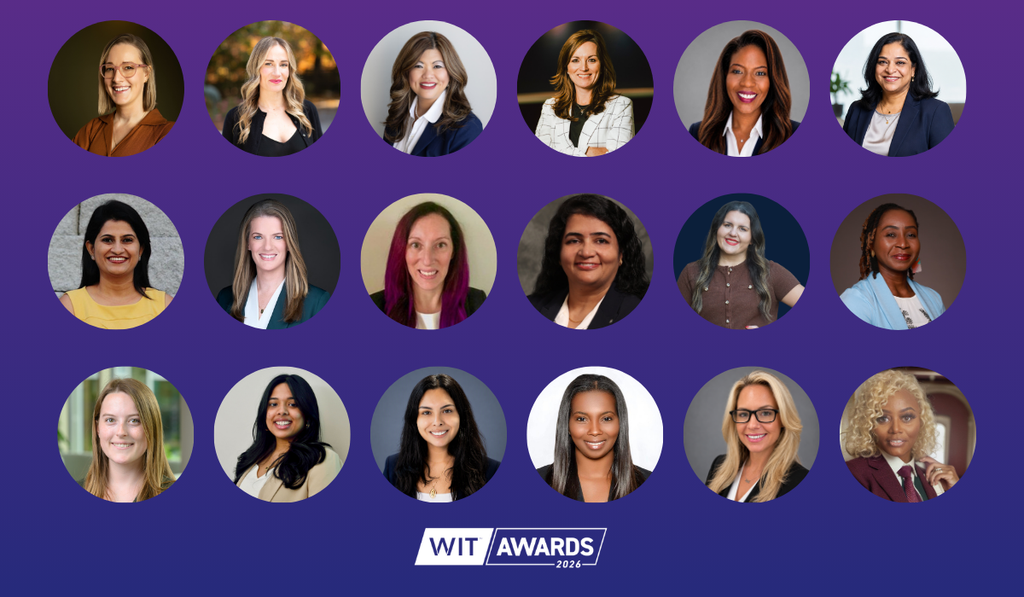 A collage of 18 professional women, each in a circular frame, with the text WIT Awards 2024 at the bottom center against a purple gradient background.