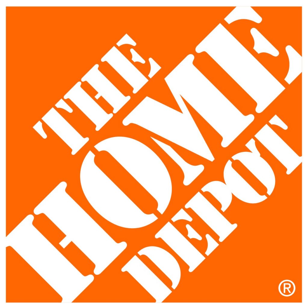 The Home Depot logo featuring the company name in bold, white stencil-style letters on an orange square background, aligned diagonally.