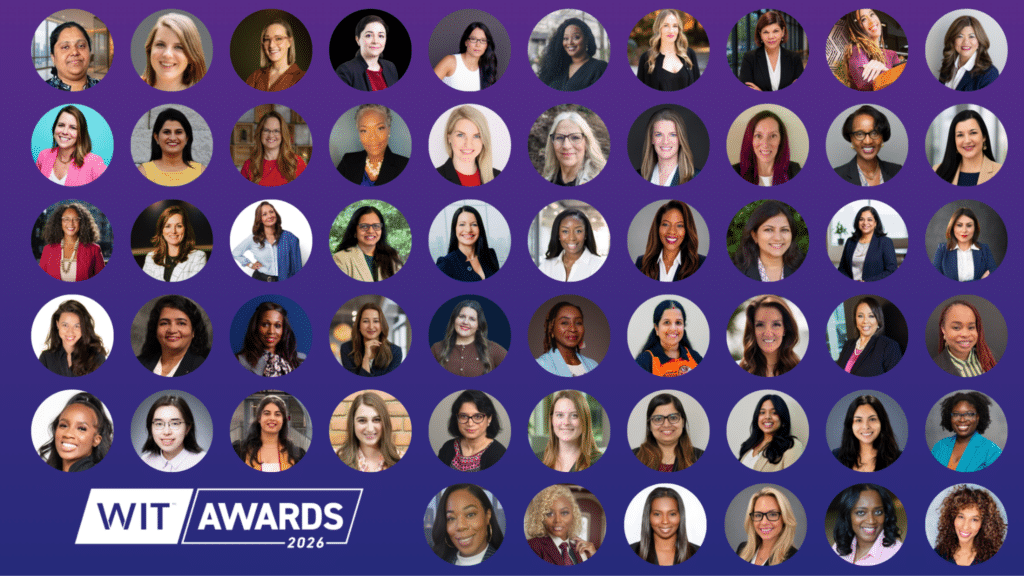 A collage of diverse women in professional attire on a purple background, with WIT Awards 2024 logo at the bottom left.