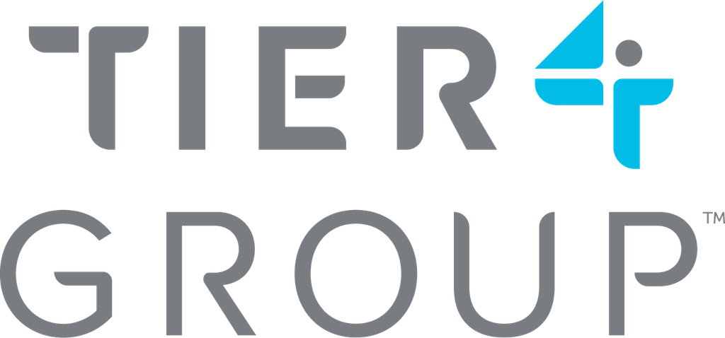 Logo with the words TIER 4 GROUP. The 4 is stylized in blue, incorporating a human figure into the design. All other text is in gray, and the design has a modern, clean look.