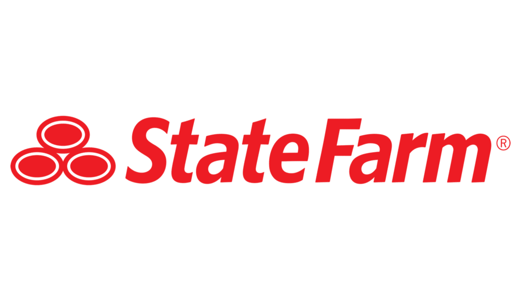 State Farm logo with three interlocking red ovals on the left and the words State Farm in red bold letters to the right.