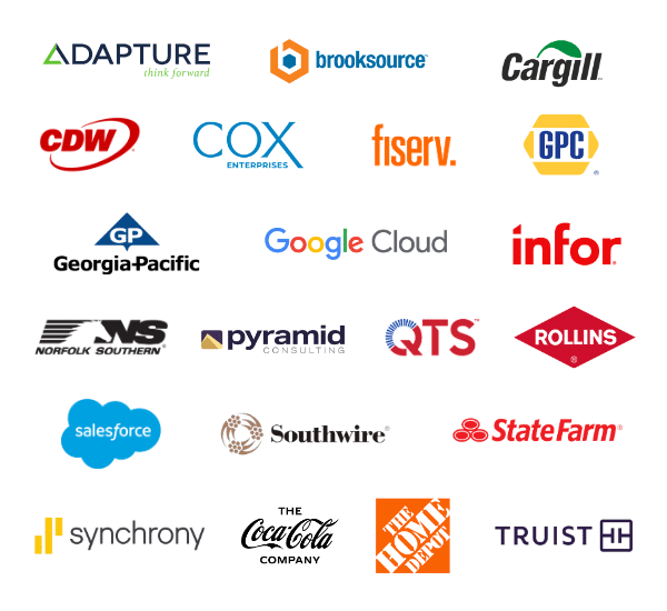 A grid of 21 company logos, including Adapture, Cargill, CDW, Cox, Home Depot, Salesforce, State Farm, Truist, Coca-Cola, Synchrony, and others on a white background.