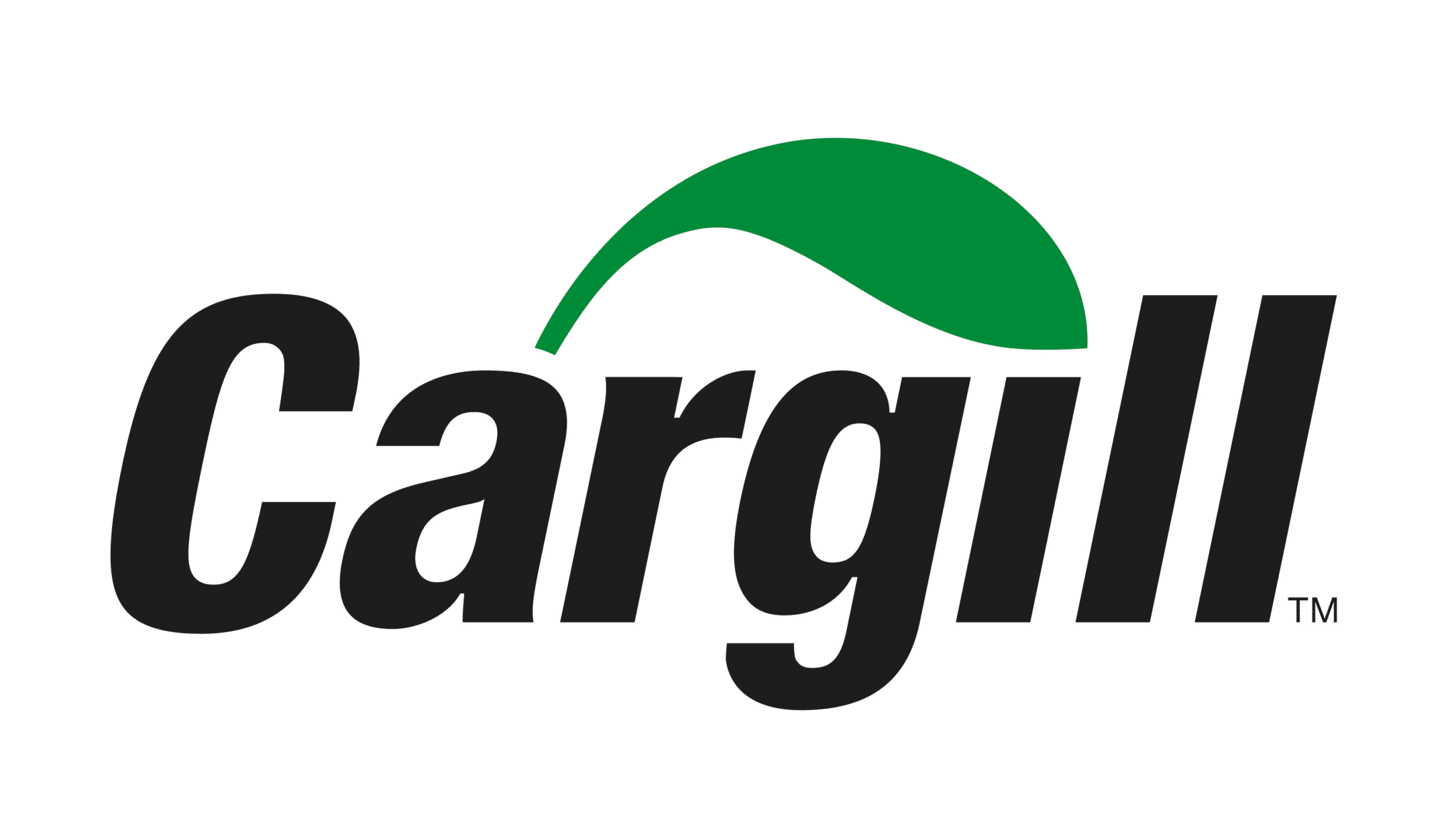 Cargill logo with the word Cargill in bold black letters and a green leaf shape arching over the a and r on a white background.
