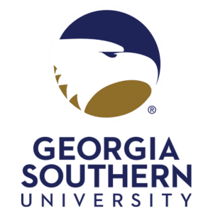 Georgia Southern University logo featuring a stylized eagle head in blue, white, and gold above the university name in bold blue text.