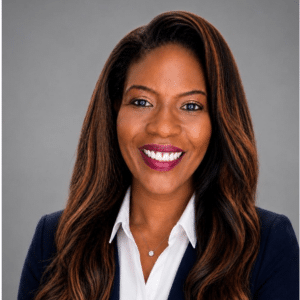 A woman with long, wavy hair smiles at the camera. She is wearing a navy blazer over a white shirt and stands against a plain gray background.