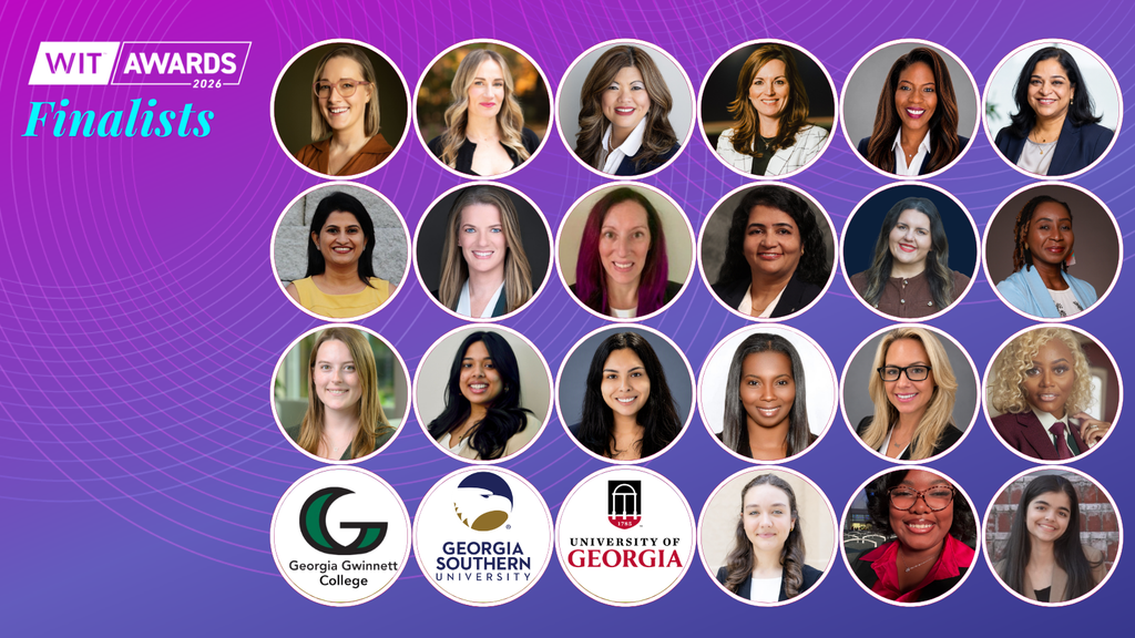 A collage of 21 women finalists for the 2024 WIT Awards, each in a circular frame, with three college logos below: Georgia Gwinnett College, Georgia Southern University, and University of Georgia. Purple abstract background.
